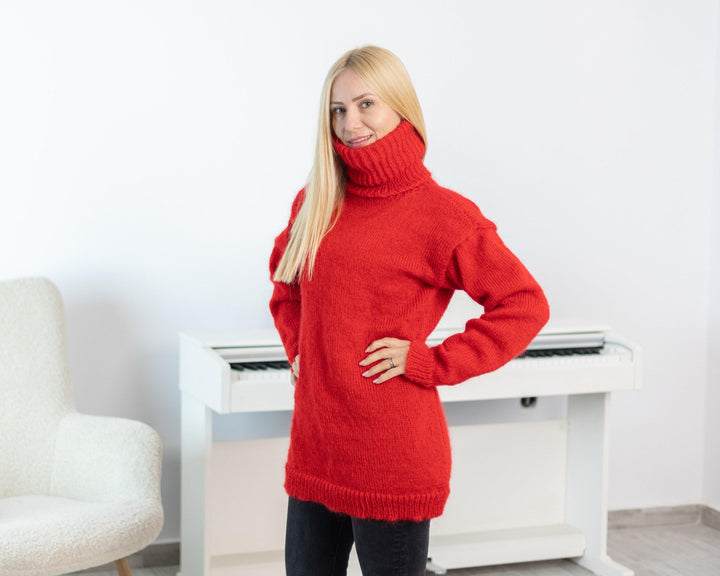 Hand-Knitted Red Mohair Sweater – Extra-Long 55 cm Turtleneck Soft Warm Jumper T1532