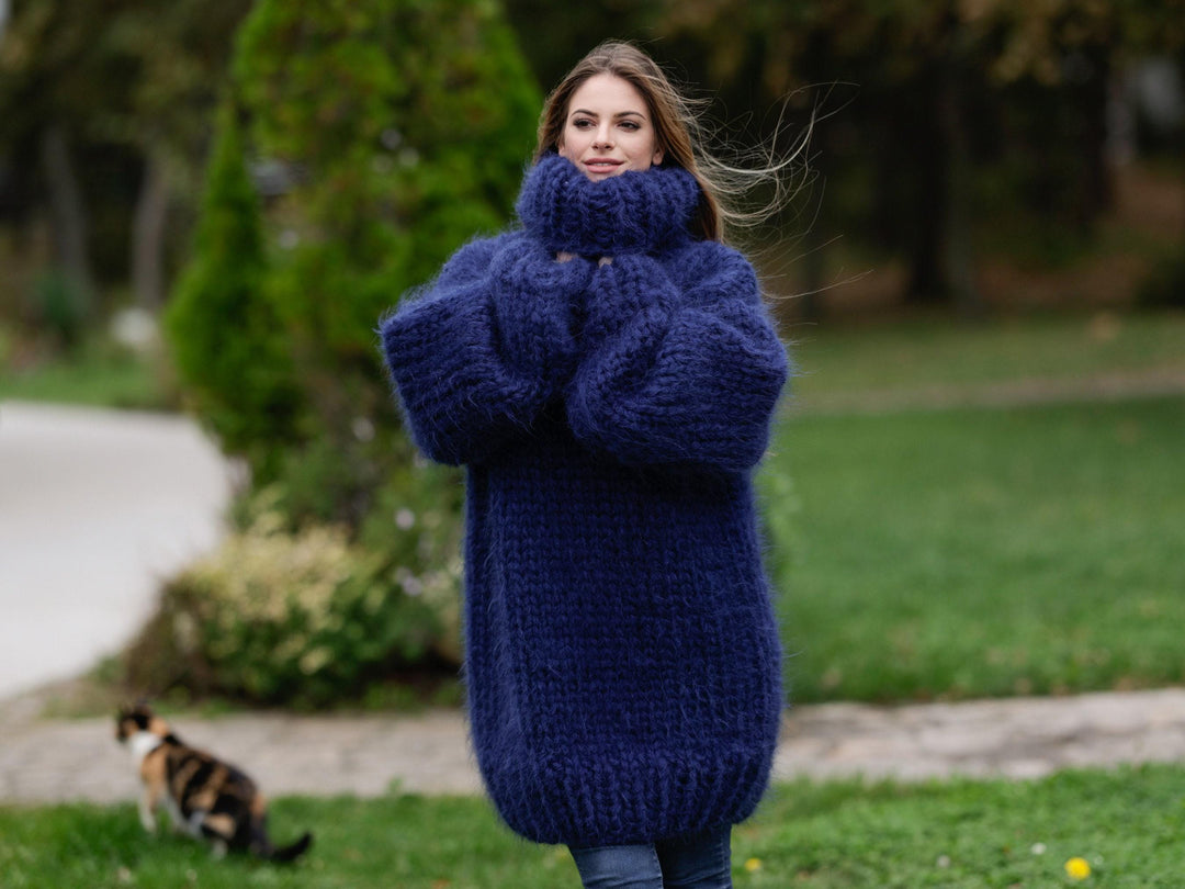 12-Strand Turtleneck Mohair Sweater – Hand-Knitted Chunky Unisex Pullover T1111