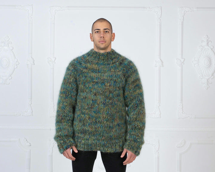 6-Strand Green Melange Mohair Sweater – Hand-Knitted Mega Thick Fuzzy Jumper T980W