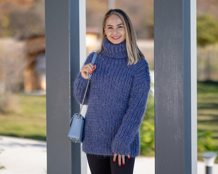 Denim Mohair Sweater – Hand-Knitted Women’s Pullover T1297