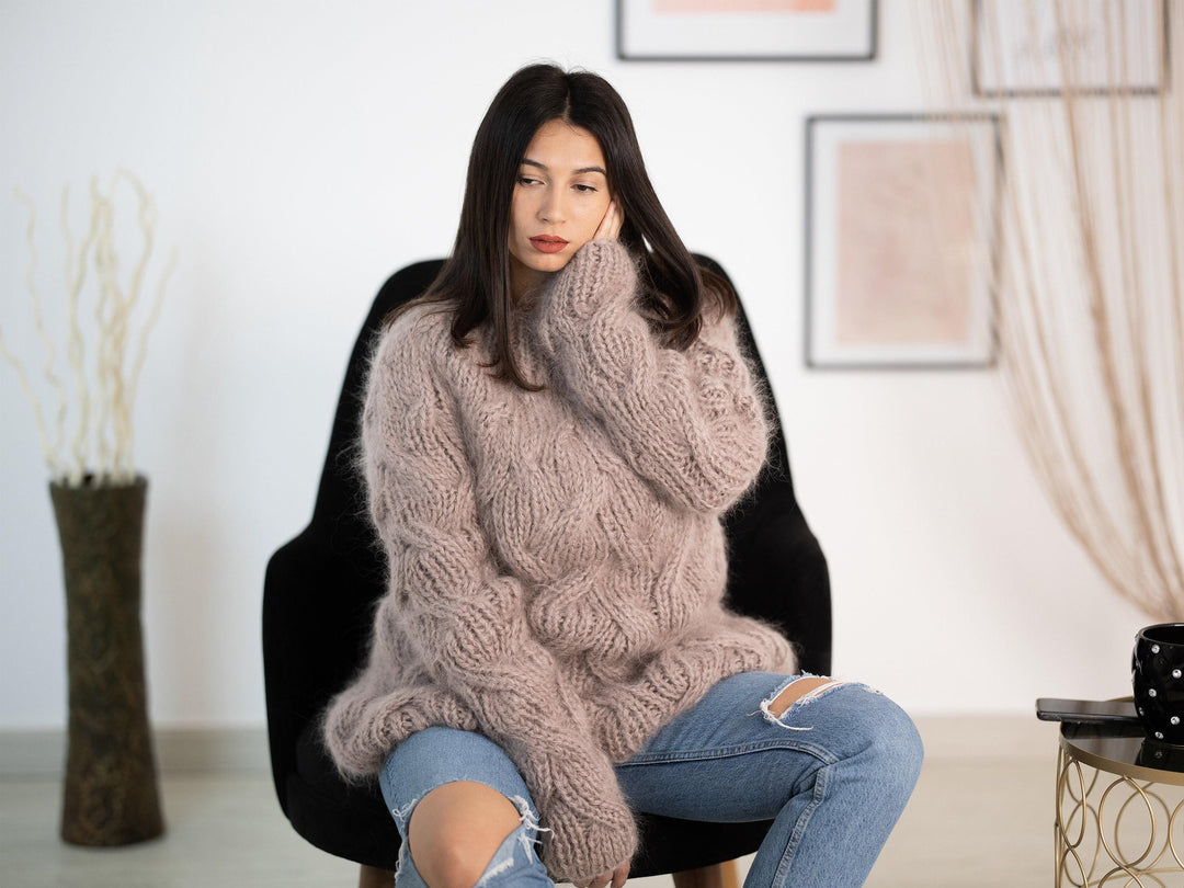 Beige Mohair Sweater – Hand-Knitted Cabled Pullover T1156