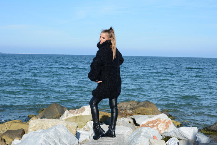 12-Strand Black Mohair Pullover – Hand-Knitted Oversized Turtleneck Sweater T676