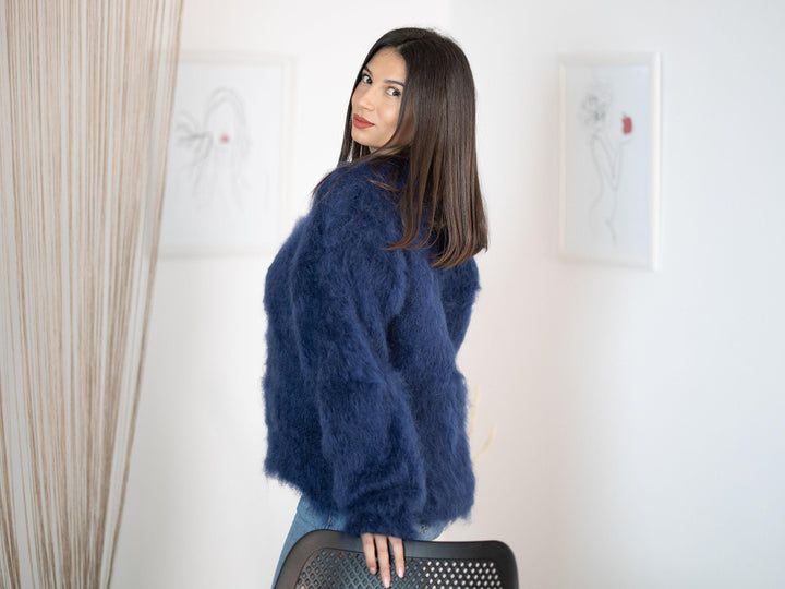 Fluffy Blue Mohair Sweater – Hand-Knitted Soft Warm Crewneck Pullover T1152