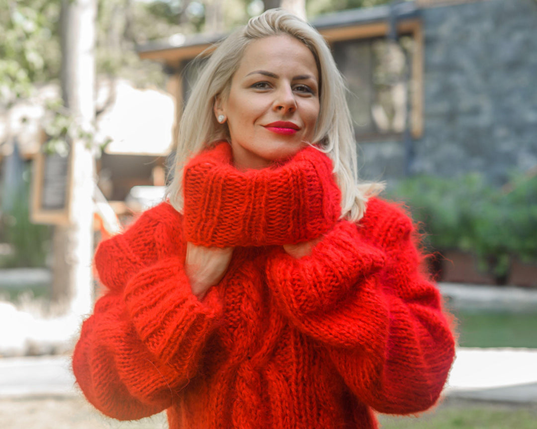 Red Cabled Mohair Sweater – Hand-Knitted Thick Fluffy Turtleneck Pullover T843
