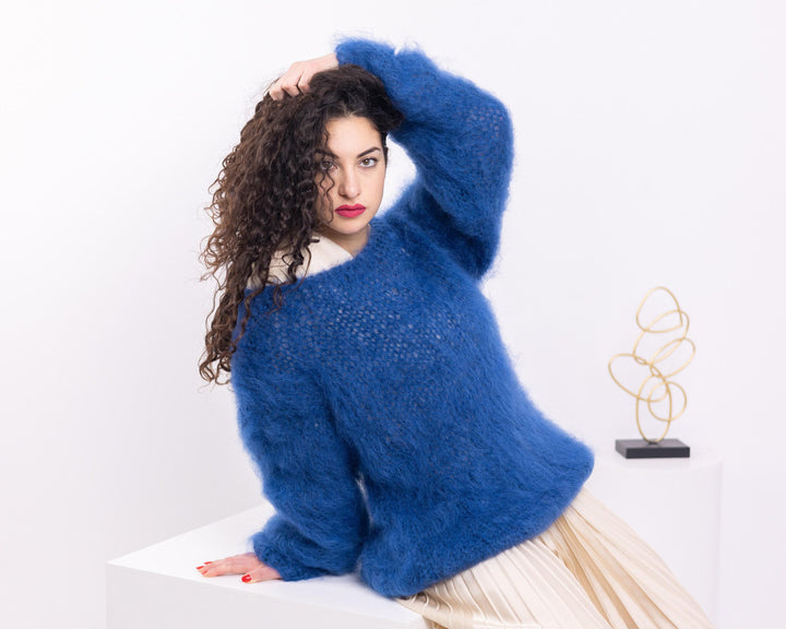 Hand Knitted Blue Mohair Sweater, Soft Fluffy Crewneck Jumper, Oversized Men’s Pullover T1544