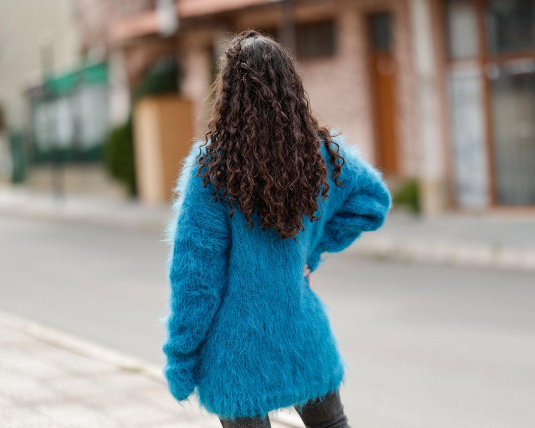 Hand Knitted Blue Mohair Sweater, Chunky Fluffy Turtleneck Jumper, Warm Pullover T1397