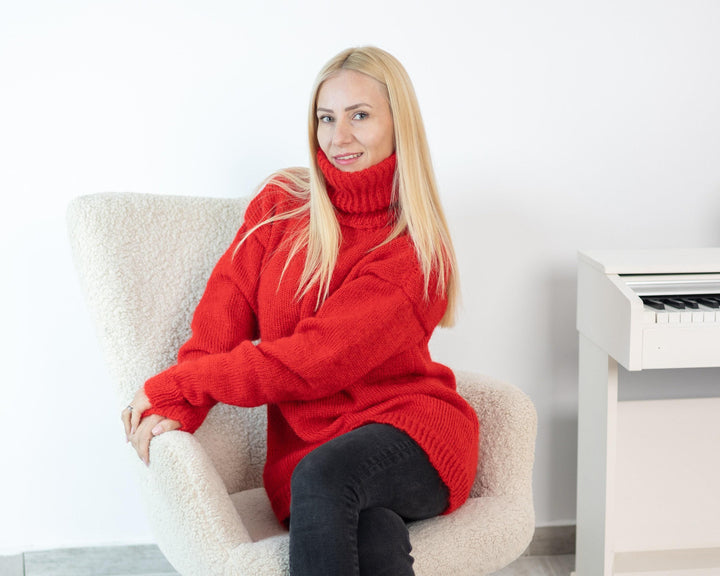 Hand-Knitted Red Mohair Sweater – Extra-Long 55 cm Turtleneck Soft Warm Jumper T1532