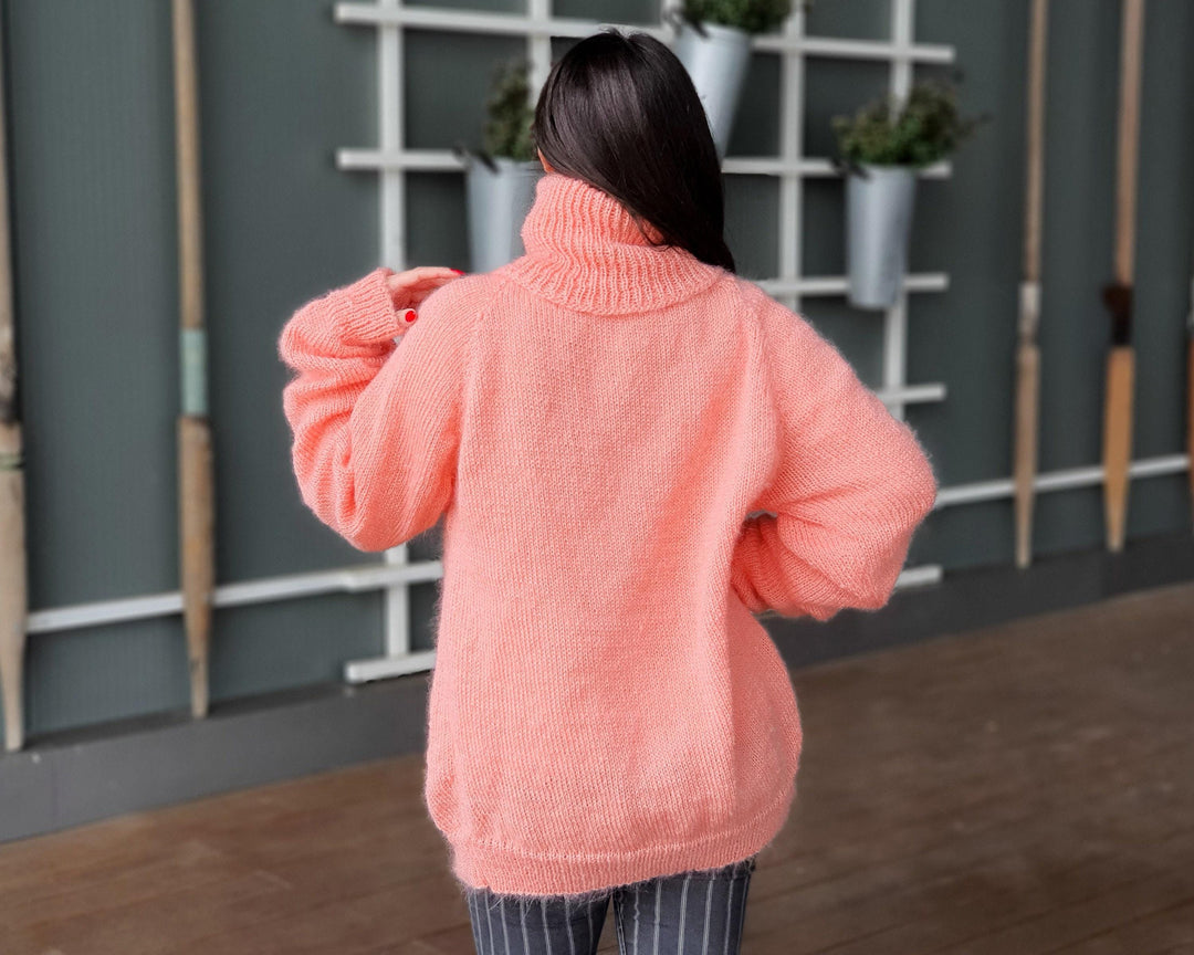 Salmon Pink Mohair Turtleneck Sweater – Hand-Knitted Fluffy Soft Winter Pullover T940