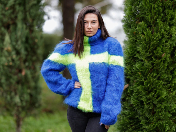 Hand-Knitted Swedish Flag Mohair Sweater – Blue Yellow Fluffy Soft Pullover T1115