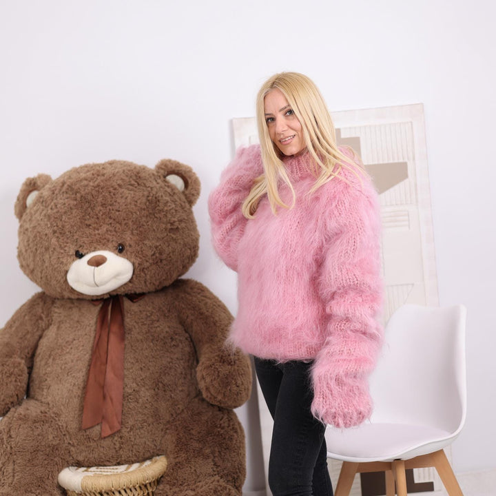 Pink Mohair Sweater – Hand-Knitted Fluffy Turtleneck with Extra Long Sleeves – Soft Fuzzy Pullover T1835
