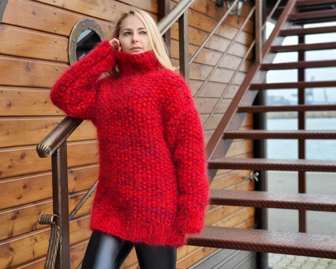 Moss Stitch Chunky Mohair Sweater – 8-Strand Thick Hand-Knitted Hairy Cosy Jumper T948