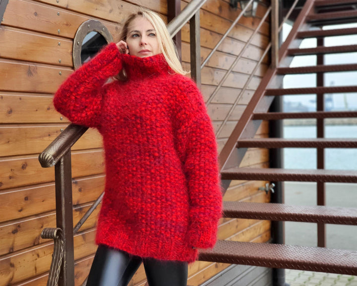 Moss Stitch Chunky Mohair Sweater – 8-Strand Thick Hand-Knitted Hairy Cosy Jumper T948