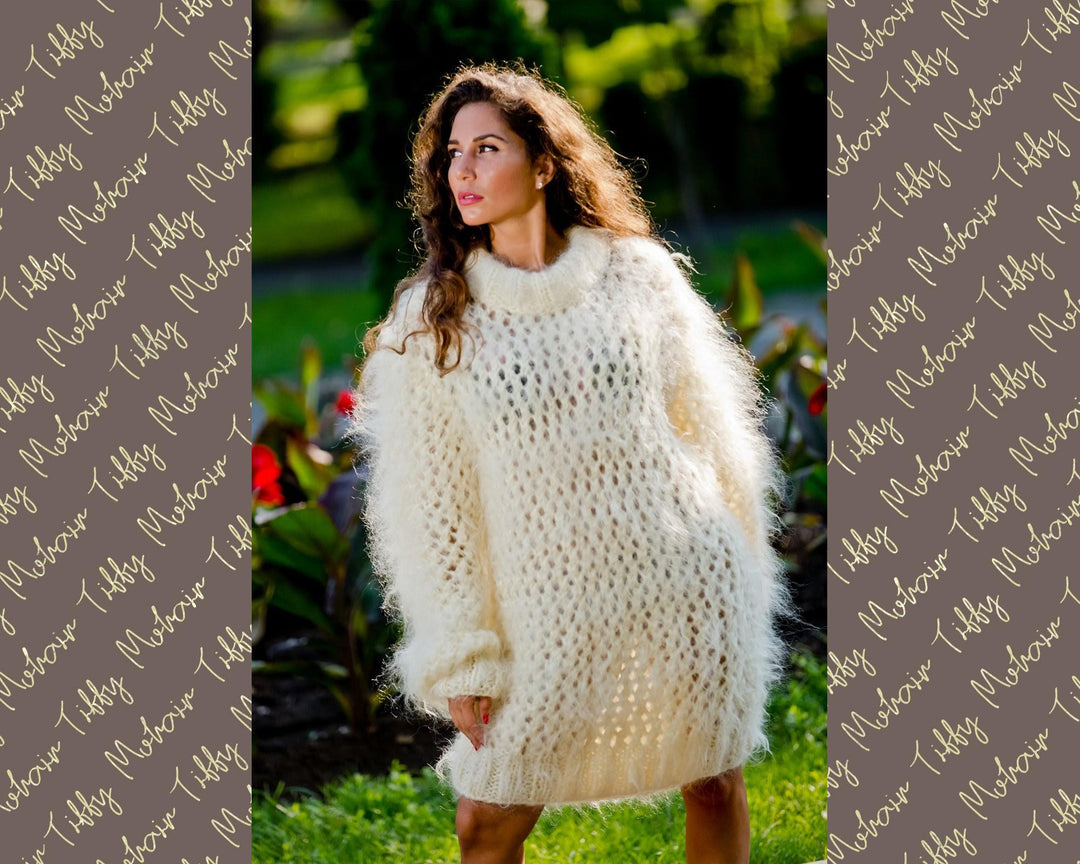 Mohair Sweater with Holes – Hand-Knitted Loose Fluffy Oversized Pullover T99
