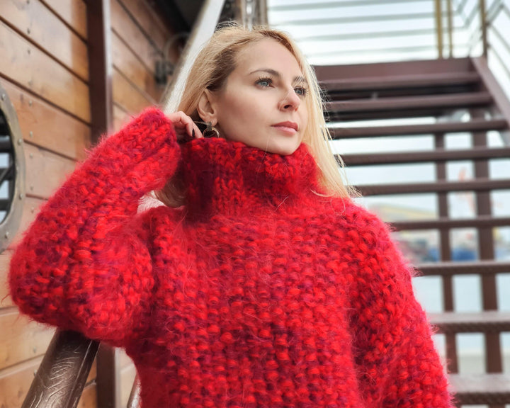 Moss Stitch Chunky Mohair Sweater – 8-Strand Thick Hand-Knitted Hairy Cosy Jumper T948