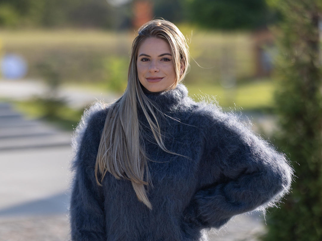 Gray Mohair Turtleneck Sweater – Hand-Knitted Fluffy Soft Winter Pullover T1252