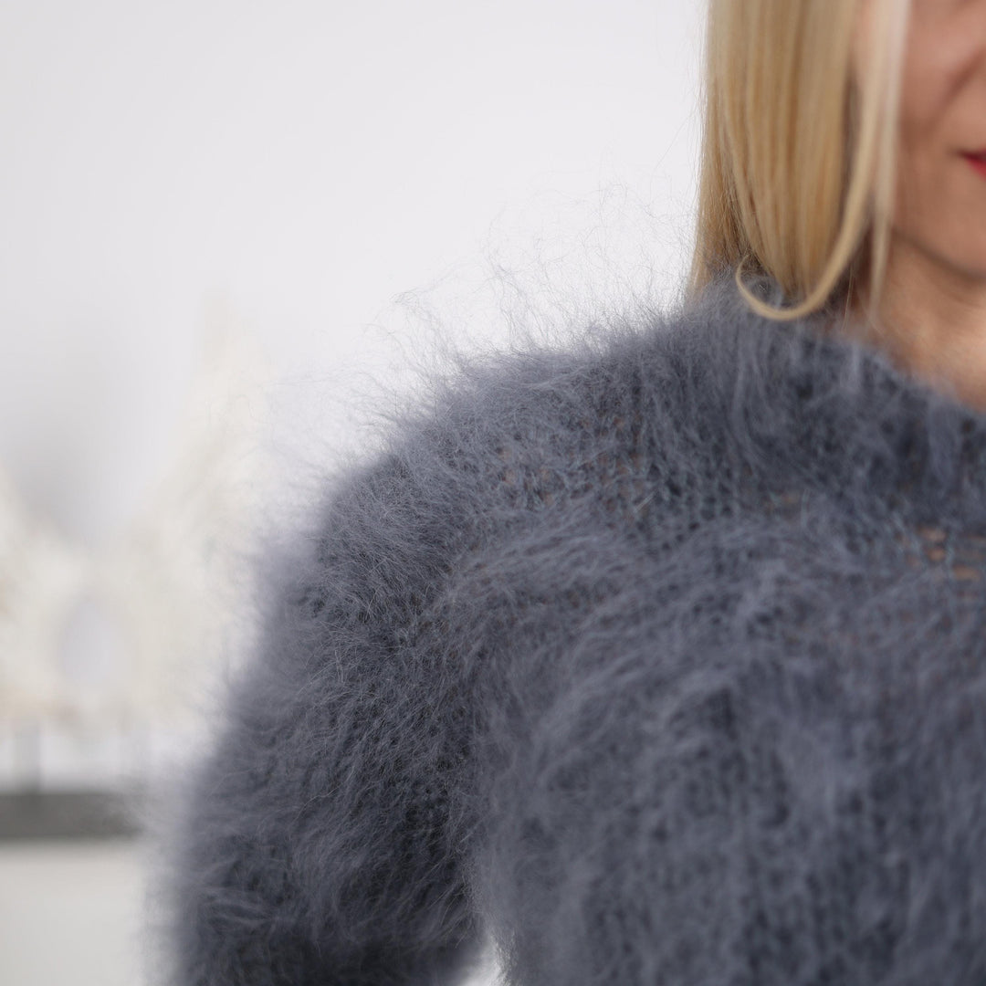 Hand-Knitted Gray Mohair Sweater – Lightweight Loose-Knit See-Through Crewneck for Men T1634