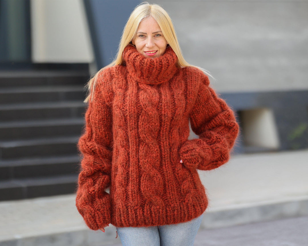 16-Strand Cabled Mohair–Alpaca Mix Sweater – Hand-Knitted Chunky Fuzzy Jumper T1491