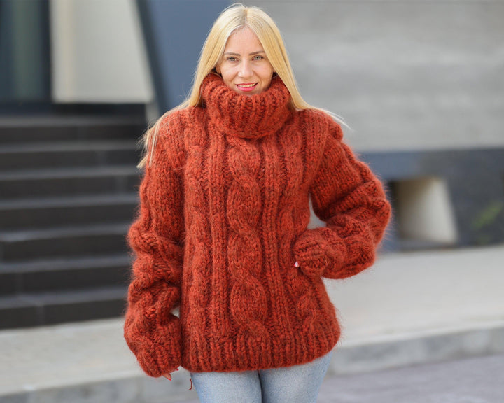 16-Strand Cabled Mohair–Alpaca Mix Sweater – Hand-Knitted Chunky Fuzzy Jumper T1491