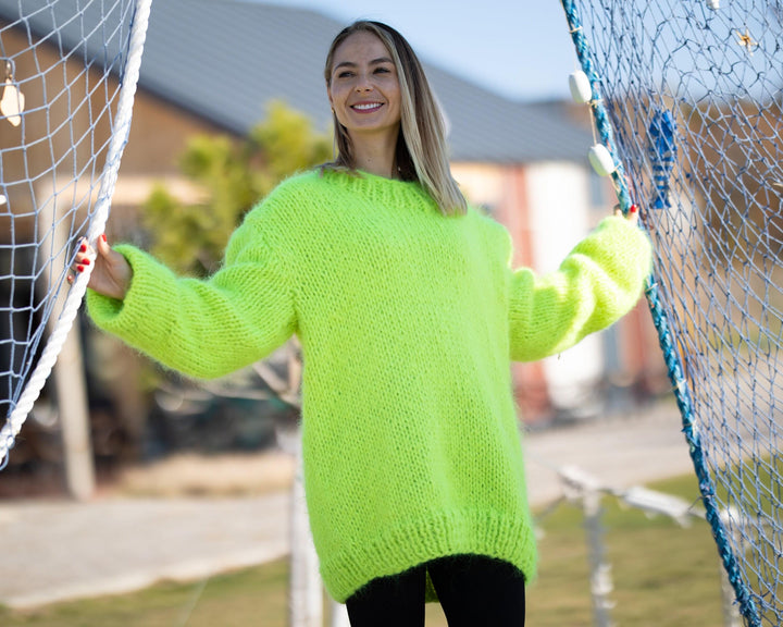 Neon Mohair Sweater – Hand-Knitted Crewneck Jumper T1296