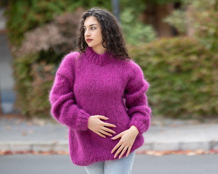 Hand-Knitted Pink Mohair Sweater – Big Needle Fluffy See-Through Jumper T1504