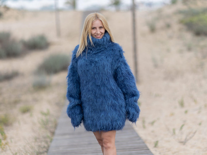 Mohair–Wool Mix Sweater – Hand-Knitted Thick Blue Turtleneck Jumper T1078