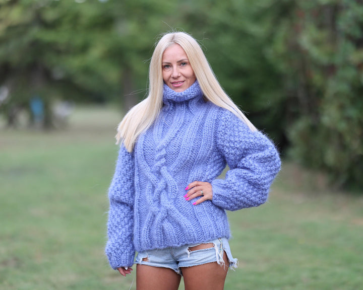 6-Strand Mohair Sweater – Hand-Knitted Cabled Chunky Oversized Pullover T1459