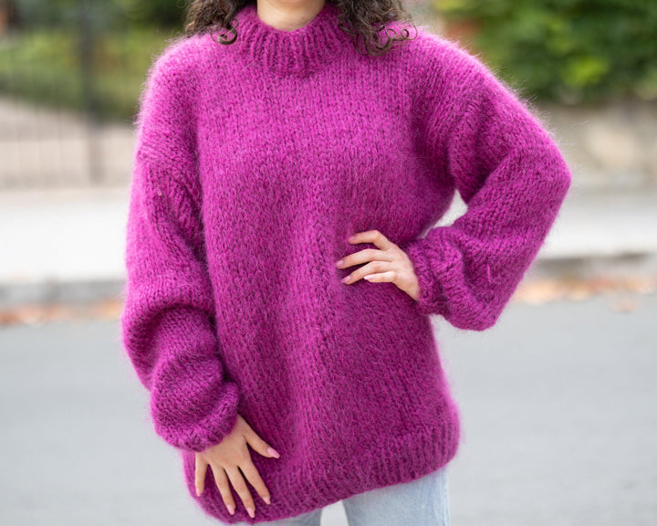 Hand-Knitted Pink Mohair Sweater – Big Needle Fluffy See-Through Jumper T1504
