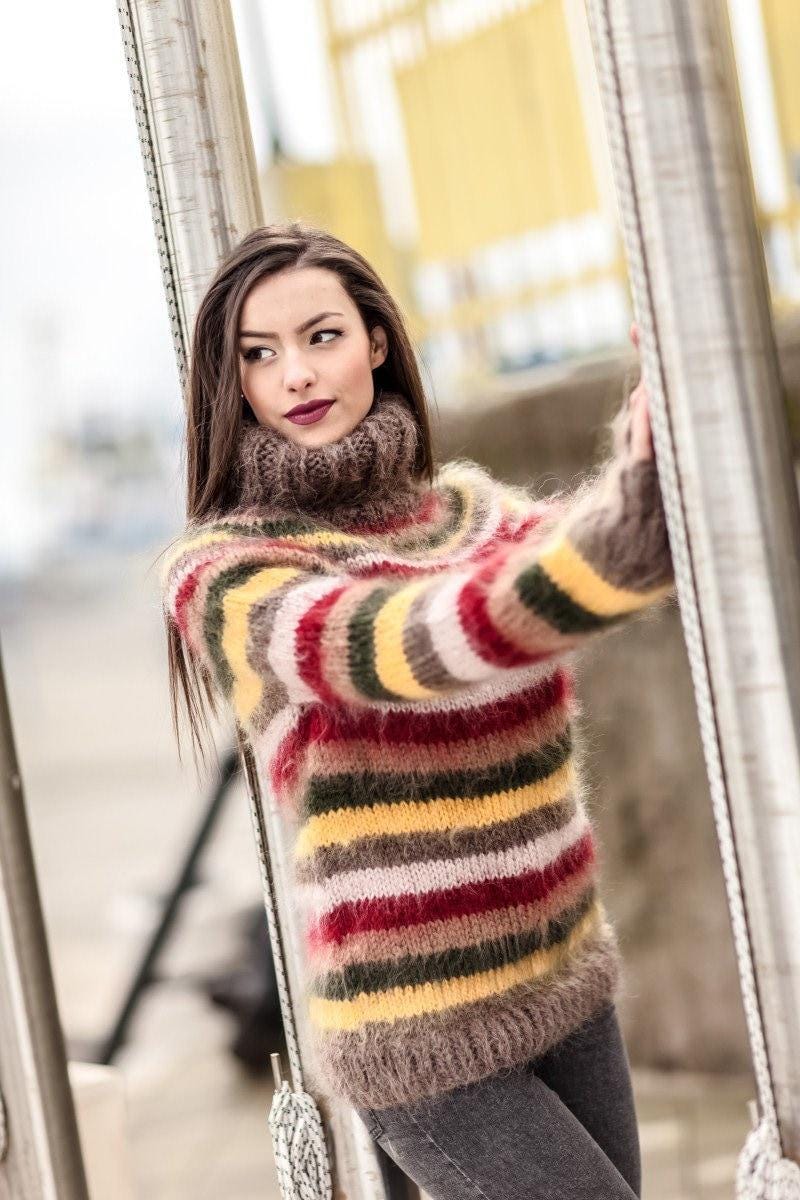 Striped Mohair Turtleneck Sweater, Hand Knitted Chunky Fluffy Oversized Pullover T415