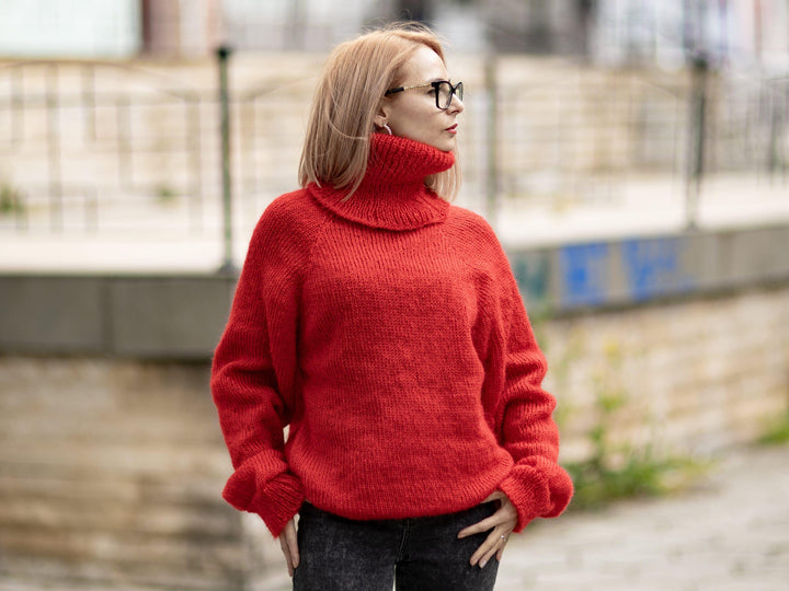 Hand-Knitted Red Mohair Sweater – Fluffy Fuzzy Turtleneck Jumper T1075