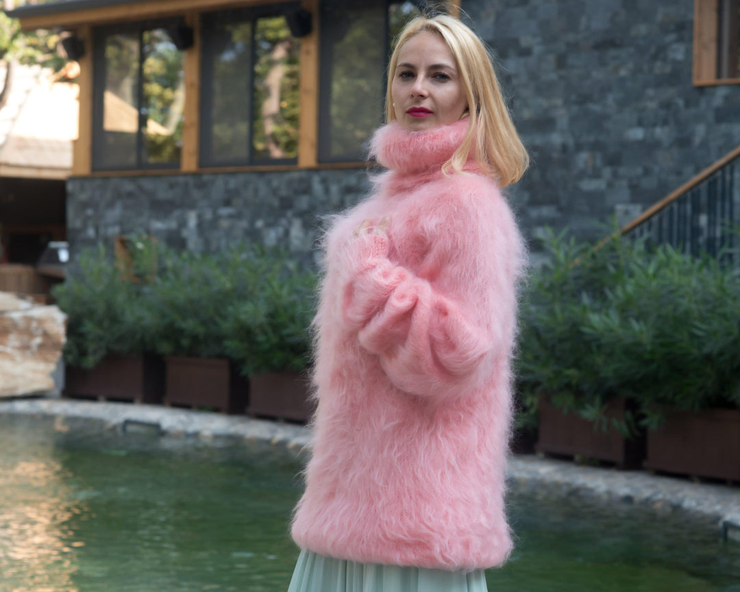 Pink Mohair Turtleneck Sweater, Hand Knitted Fluffy Soft Winter Pullover T831