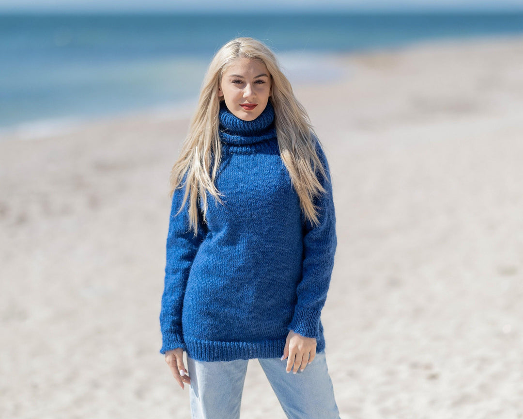 Blue Mohair Turtleneck Sweater – Hand-Knitted Fluffy Soft Winter Pullover T1419
