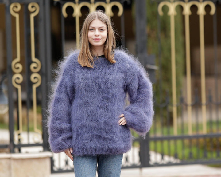 Denim Blue Mohair Sweater – Hand-Knitted Big-Needle Fluffy Transparent Pullover T1370