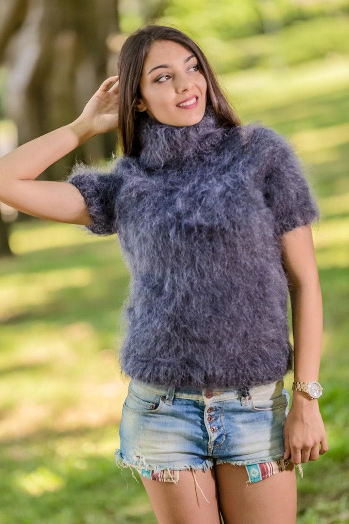 Short-Sleeve Mohair Sweater – Hand-Knitted Fluffy Cropped Pullover T327