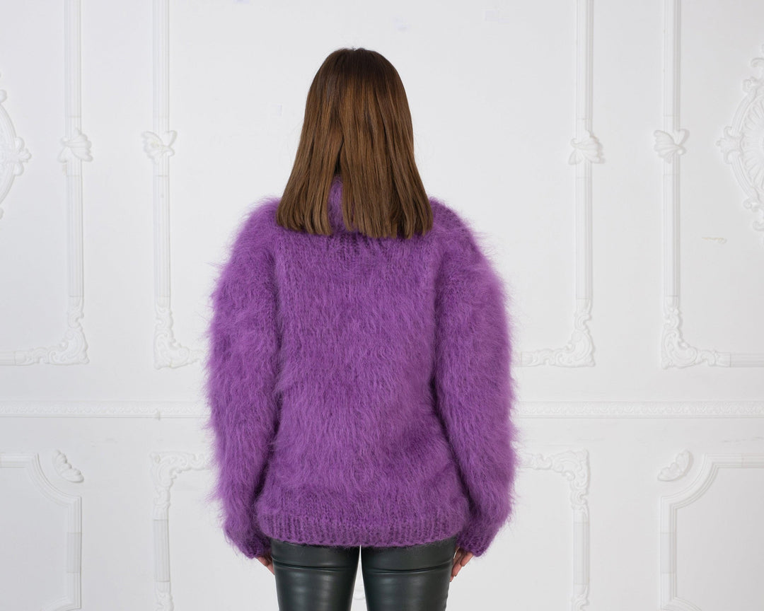 Hand Knitted Purple Mohair Sweater, Chunky Fluffy Turtleneck Jumper, Oversized Warm Pullover T983