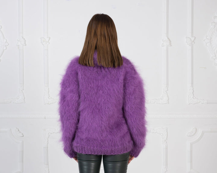 Hand Knitted Purple Mohair Sweater, Chunky Fluffy Turtleneck Jumper, Oversized Warm Pullover T983