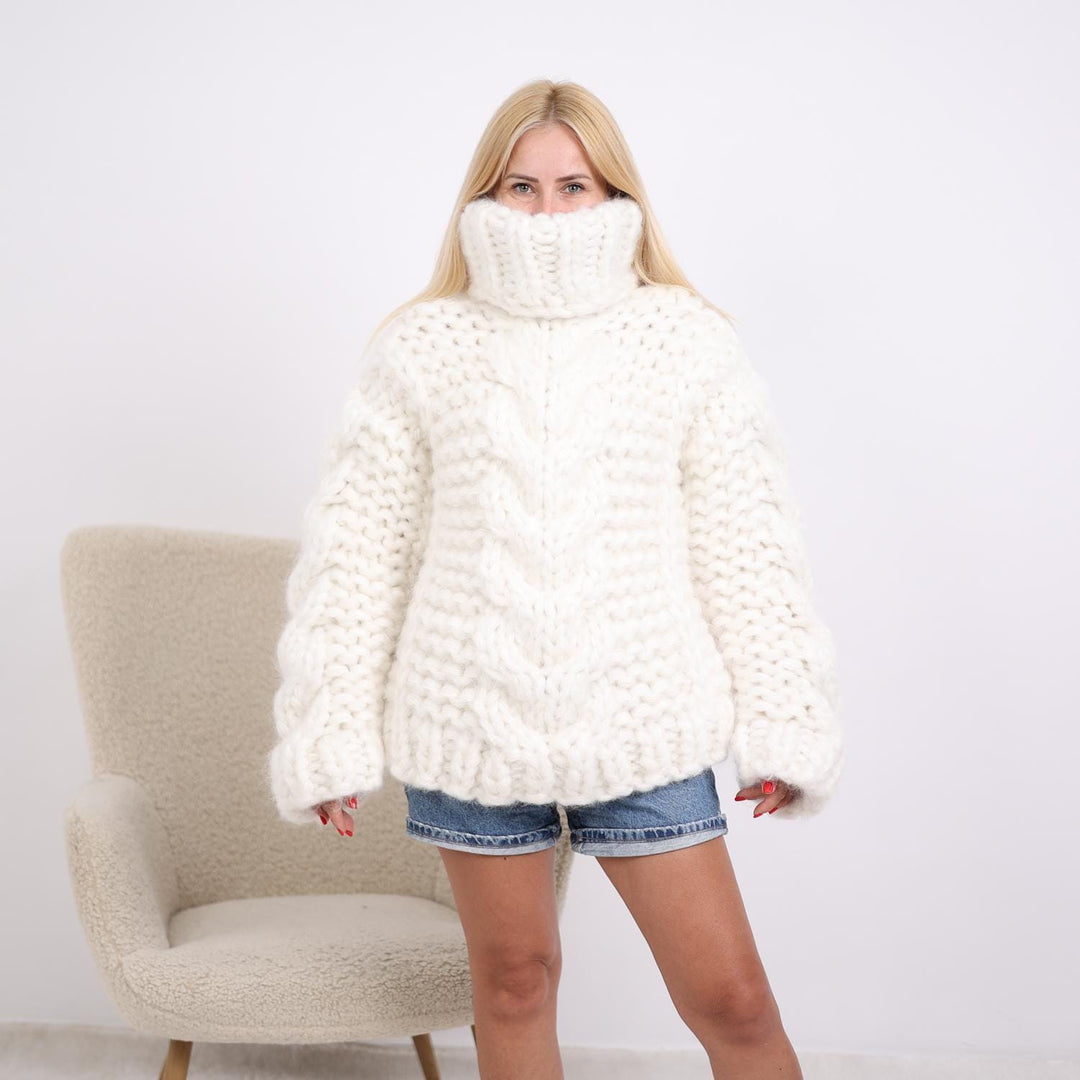 20-Strand Mohair Sweater – Extra Chunky Hand-Knitted Oversized Cable Knit Turtleneck Jumper T1898