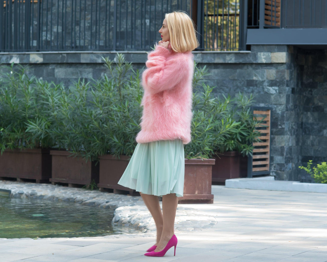 Pink Mohair Turtleneck Sweater, Hand Knitted Fluffy Soft Winter Pullover T831
