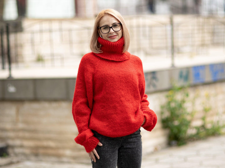 Hand-Knitted Red Mohair Sweater – Fluffy Fuzzy Turtleneck Jumper T1075