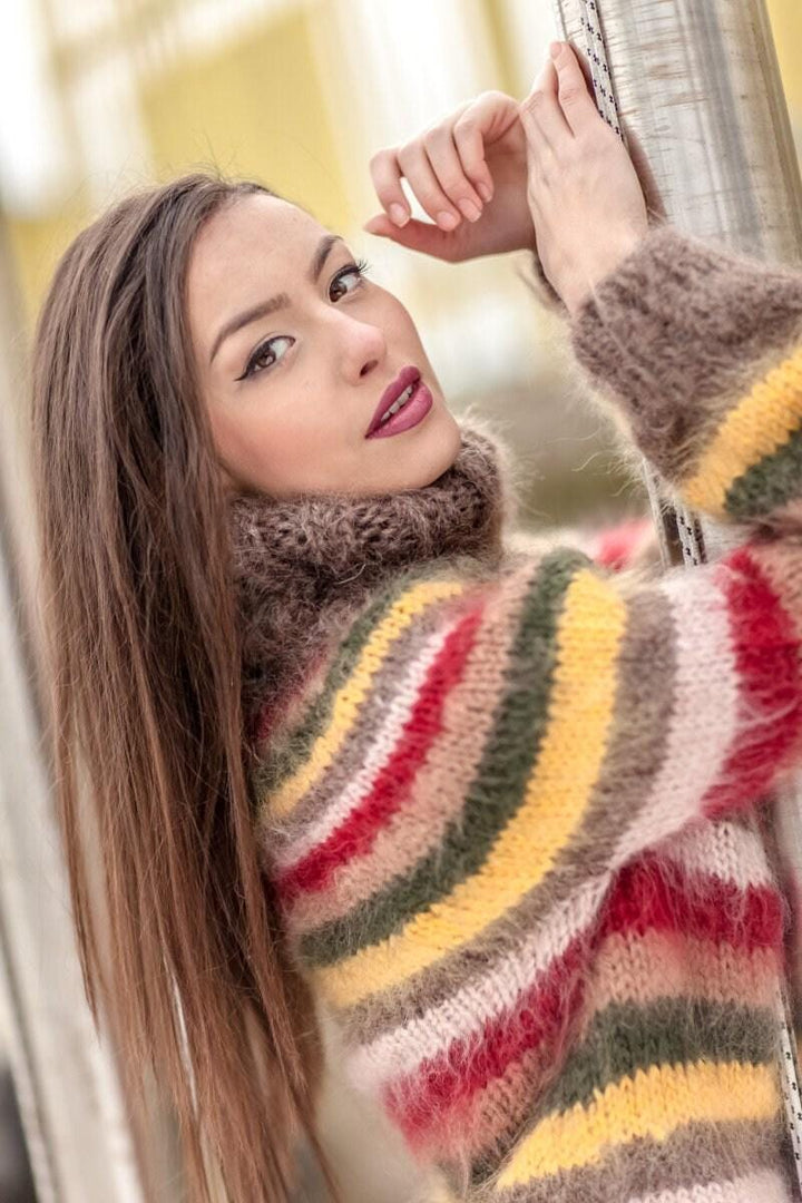 Striped Mohair Turtleneck Sweater, Hand Knitted Chunky Fluffy Oversized Pullover T415