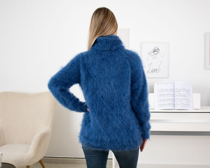 Fluffy Blue Mohair Sweater – Hand-Knitted Soft Warm Turtleneck Pullover T1322