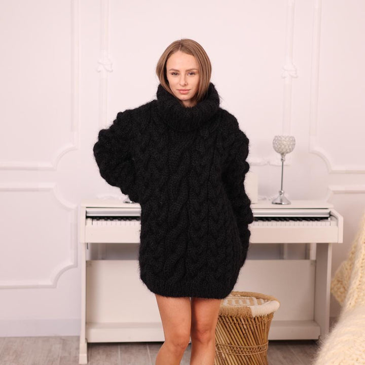 Black Mohair Cable Sweater – Hand-Knitted 4-Strand Chunky Turtleneck Pullover T1980