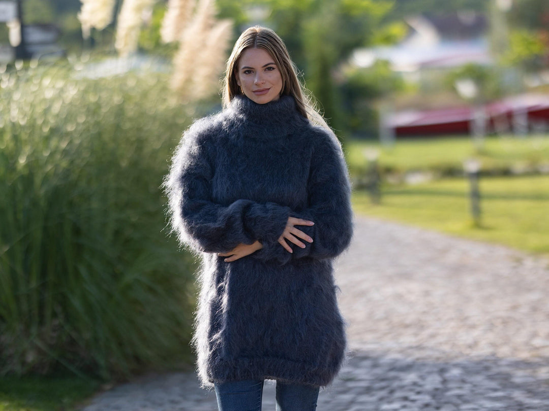 Gray Mohair Turtleneck Sweater – Hand-Knitted Fluffy Soft Winter Pullover T1252