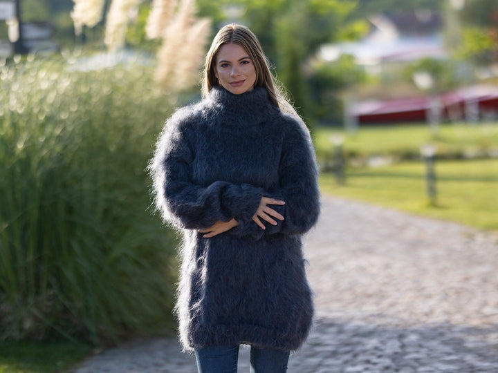 Gray Mohair Turtleneck Sweater – Hand-Knitted Fluffy Soft Winter Pullover T1252