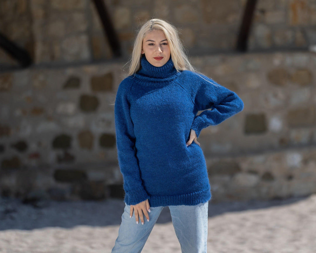 Blue Mohair Turtleneck Sweater – Hand-Knitted Fluffy Soft Winter Pullover T1419