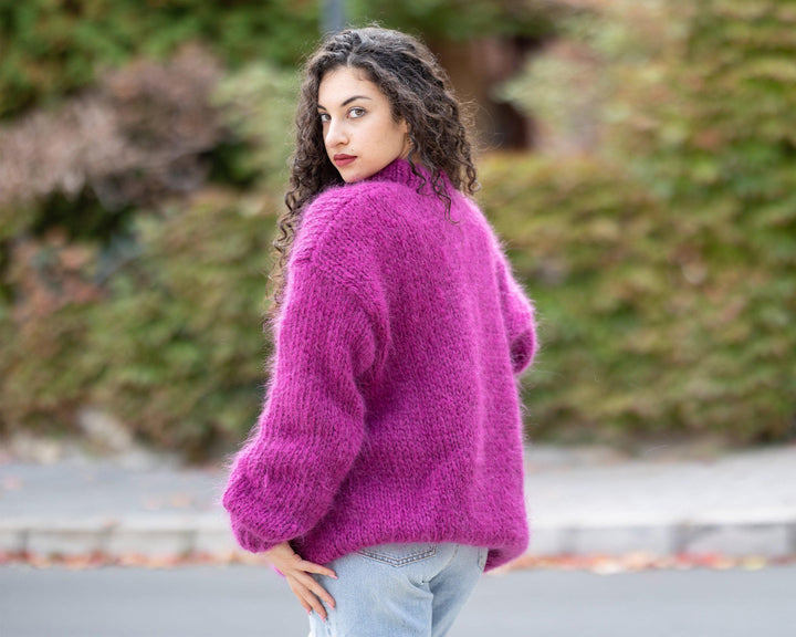 Hand-Knitted Pink Mohair Sweater – Big Needle Fluffy See-Through Jumper T1504