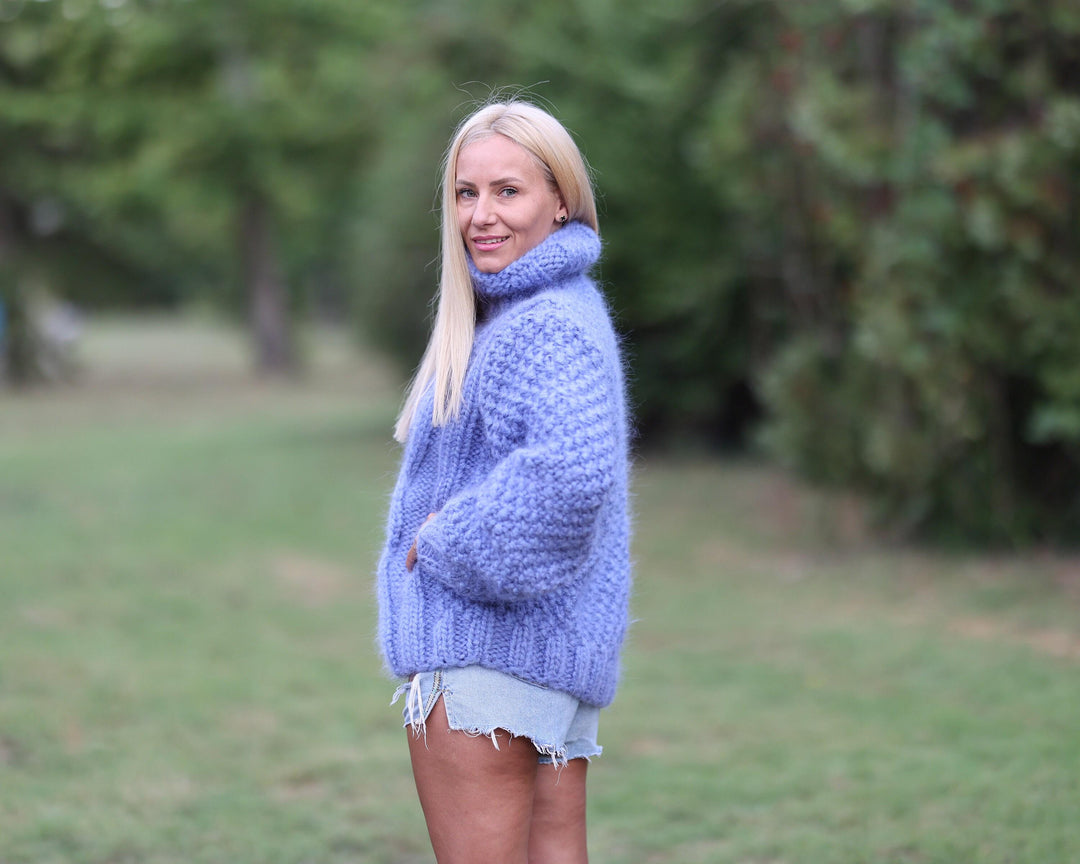 6-Strand Mohair Sweater – Hand-Knitted Cabled Chunky Oversized Pullover T1459