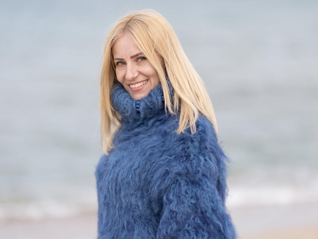 Mohair–Wool Mix Sweater – Hand-Knitted Thick Blue Turtleneck Jumper T1078