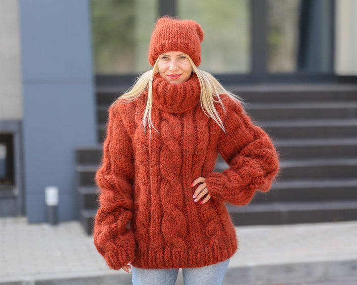 16-Strand Cabled Mohair–Alpaca Mix Sweater – Hand-Knitted Chunky Fuzzy Jumper T1491
