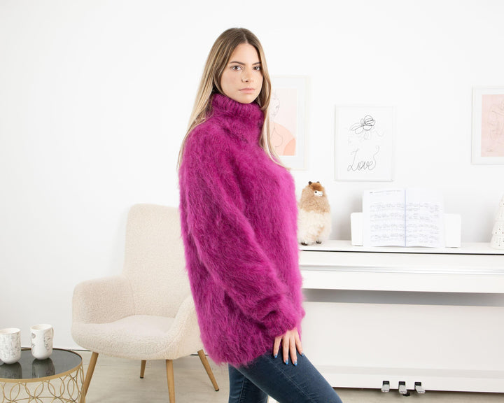 Hand Knitted Mohair Sweater, Fluffy Soft Turtleneck Warm Jumper T1324