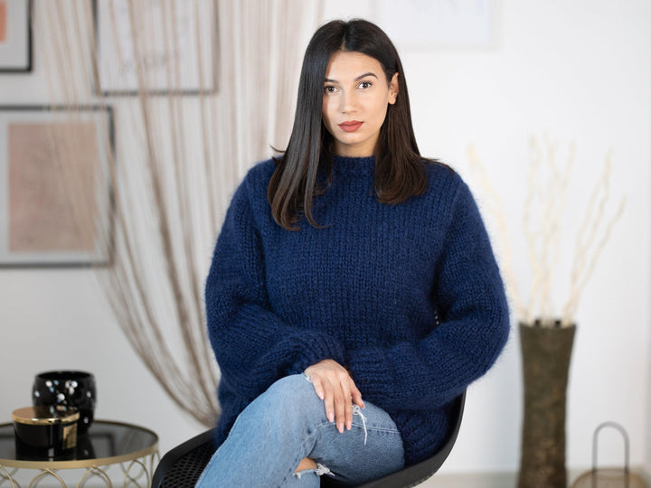 Hand-Knitted Blue Mohair Sweater – Soft Fluffy Crewneck Jumper T1151